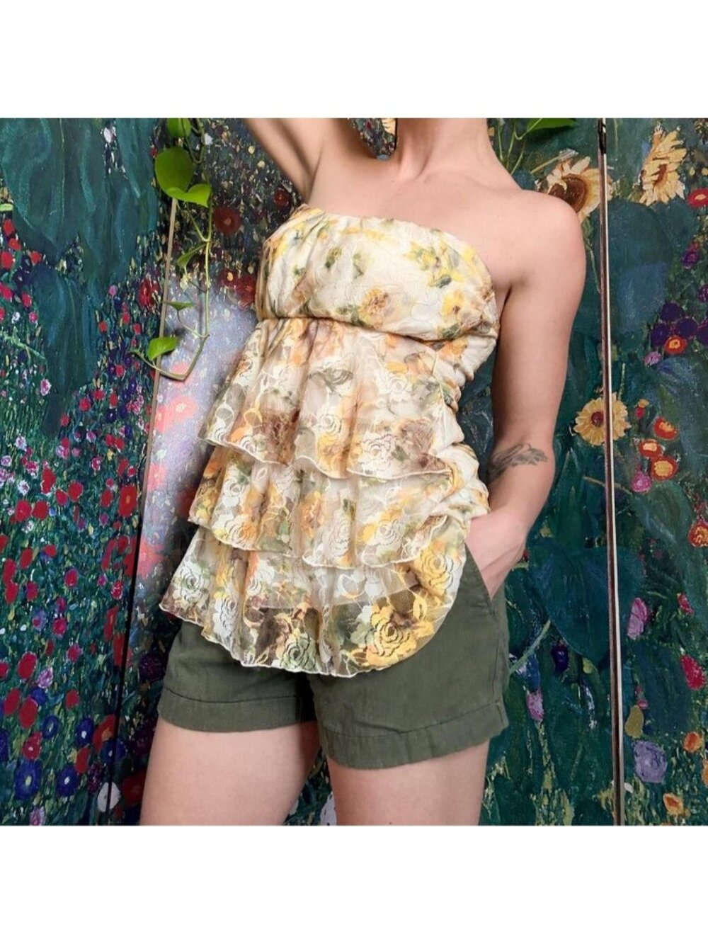 y2k yellow floral tube top